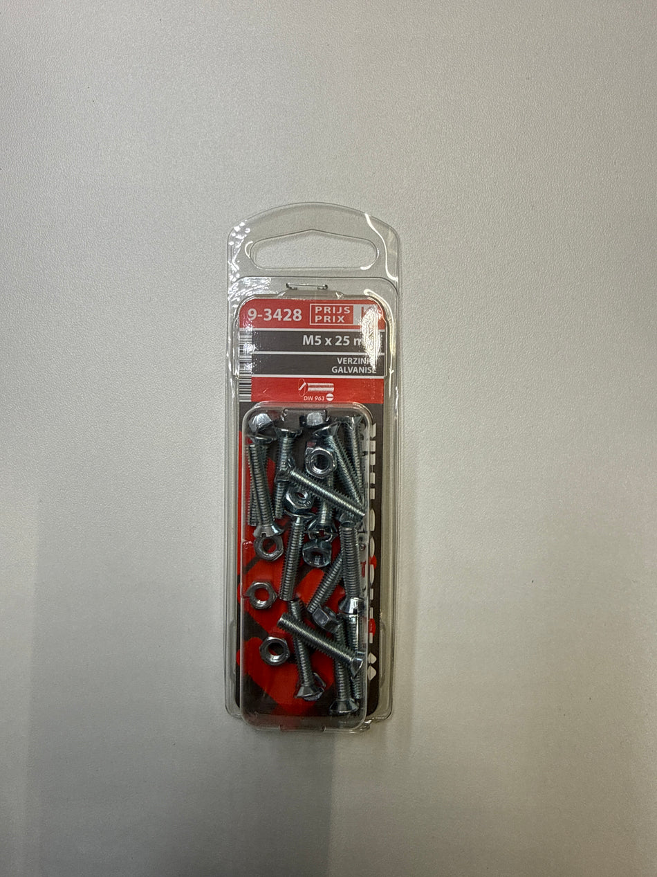 Metaalbouten platte kop + moer - M5 x 25 mm