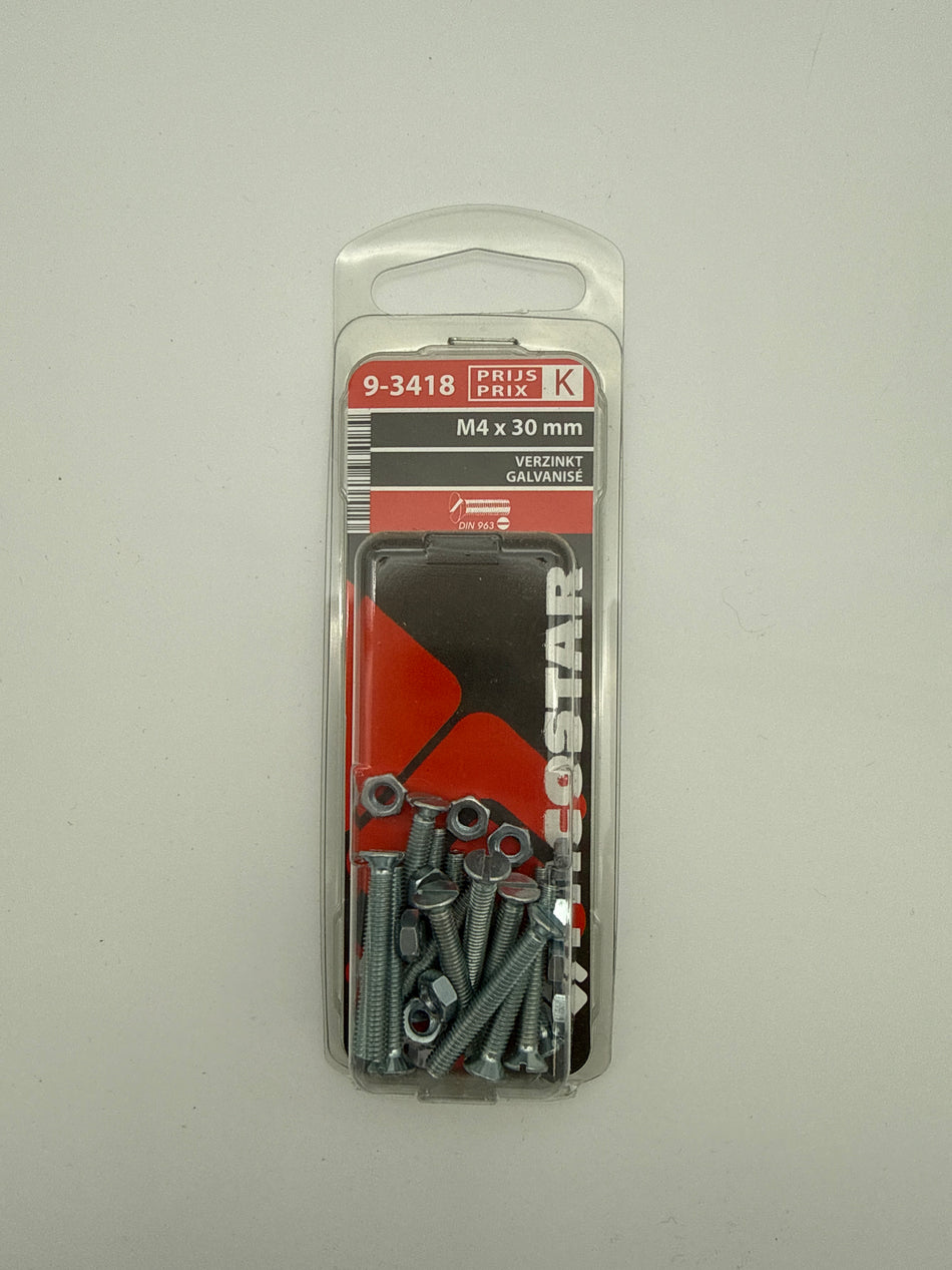 Metaalbouten platte kop + moer - M4 x 30 mm
