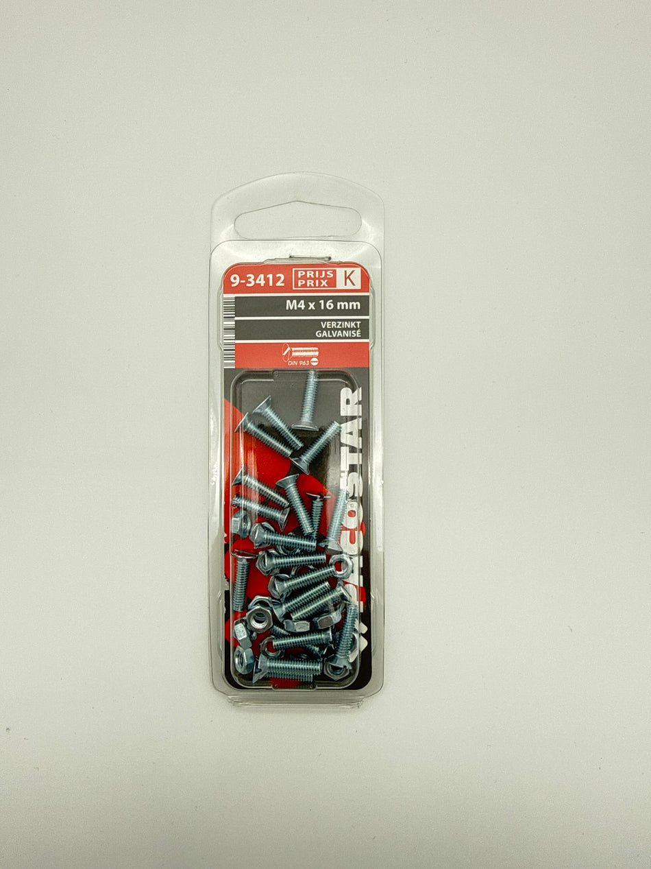 Metaalbouten platte kop + moer - M4 x 16 mm