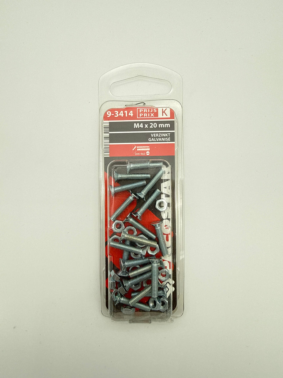 Metaalbouten platte kop + moer - M4 x 20 mm