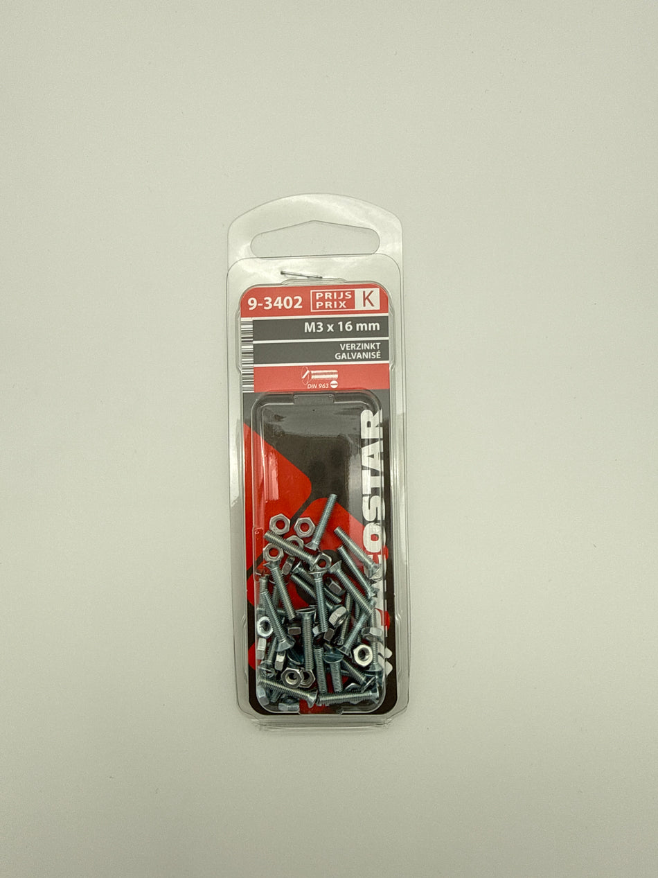 Metaalbouten platte kop + moer - M3 x 16 mm