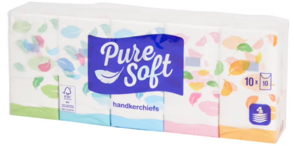 Pure Soft Zakdoekjes 10 pakjes x 10 zakdoekjes - 4 laags