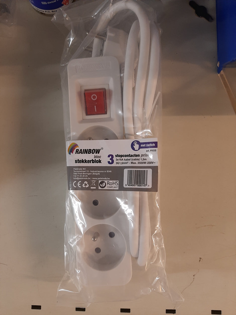 Stekkerdoos 3 stopcontacten 1.5m wit